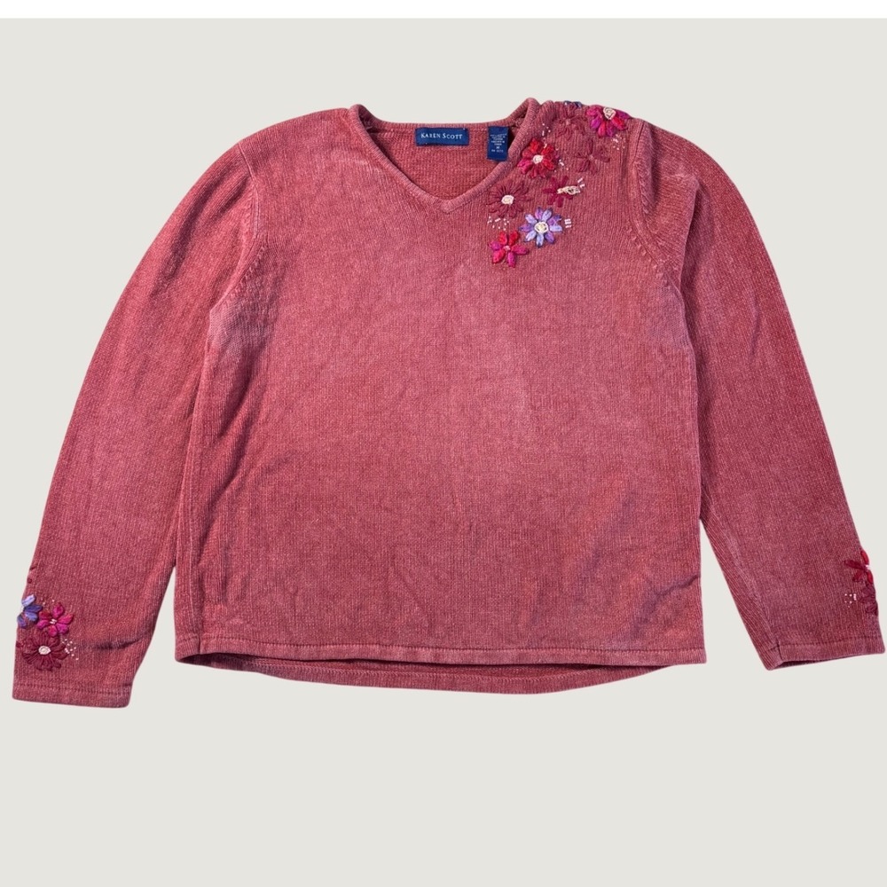 Karen Scott Floral Embroidered V-Neck Sweater Womens Medium Pink Excellent
